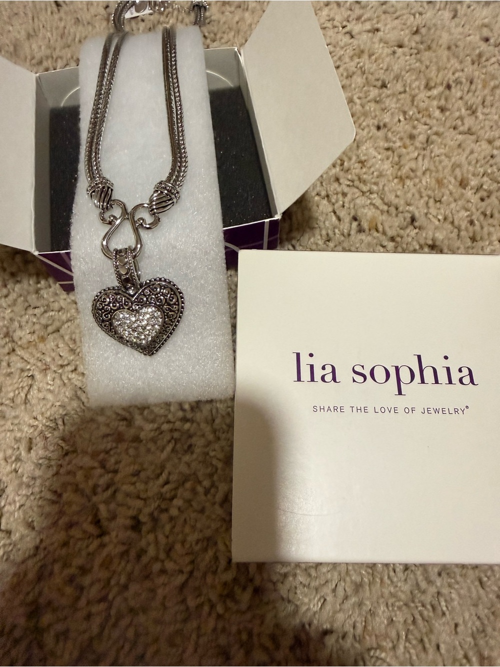 Lia Sophia Silver Heart Pendant Necklace with Pavé Center NWT